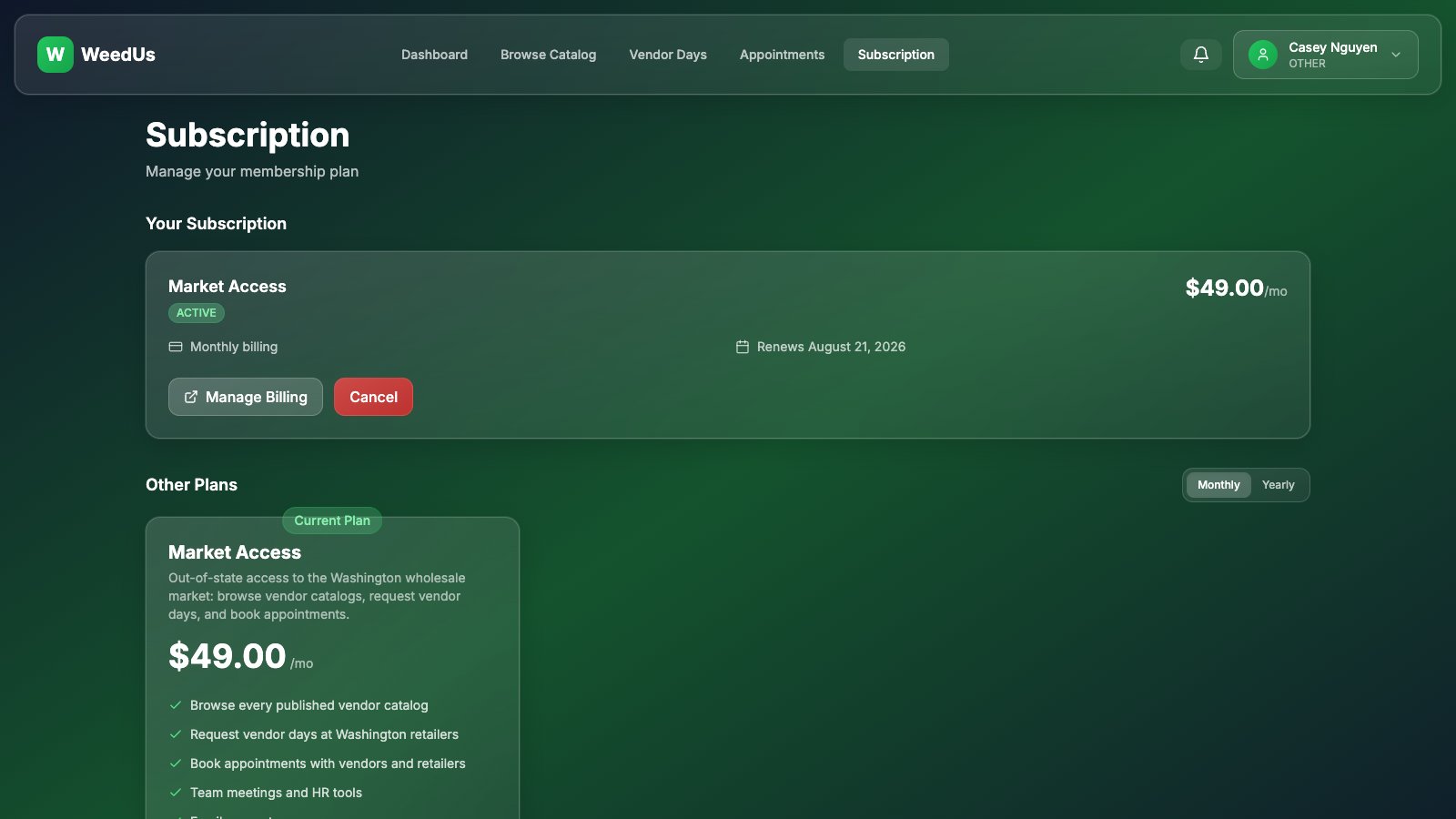 Subscription page with the Market Access plan