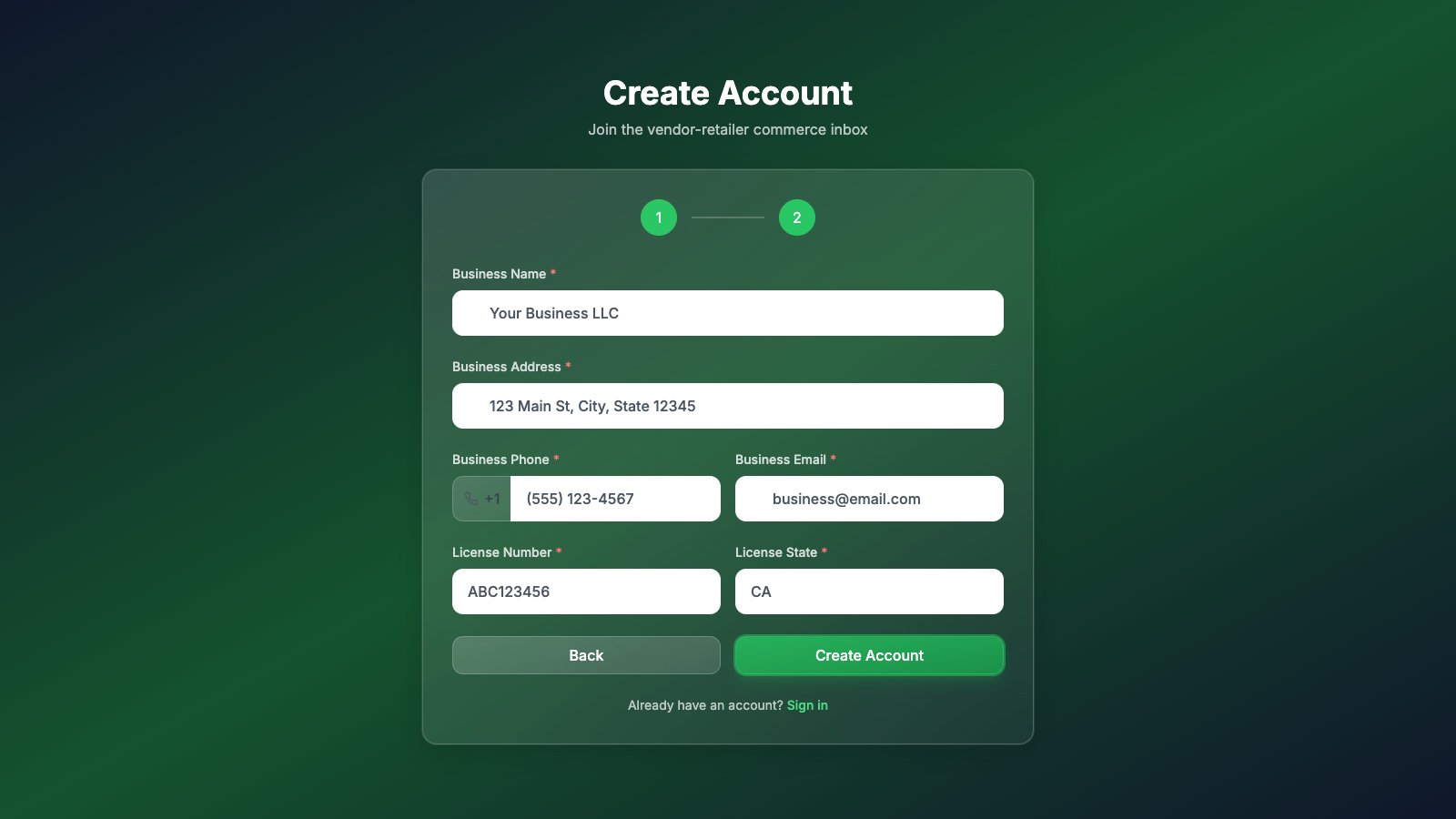 Registration step 2 with business and license fields