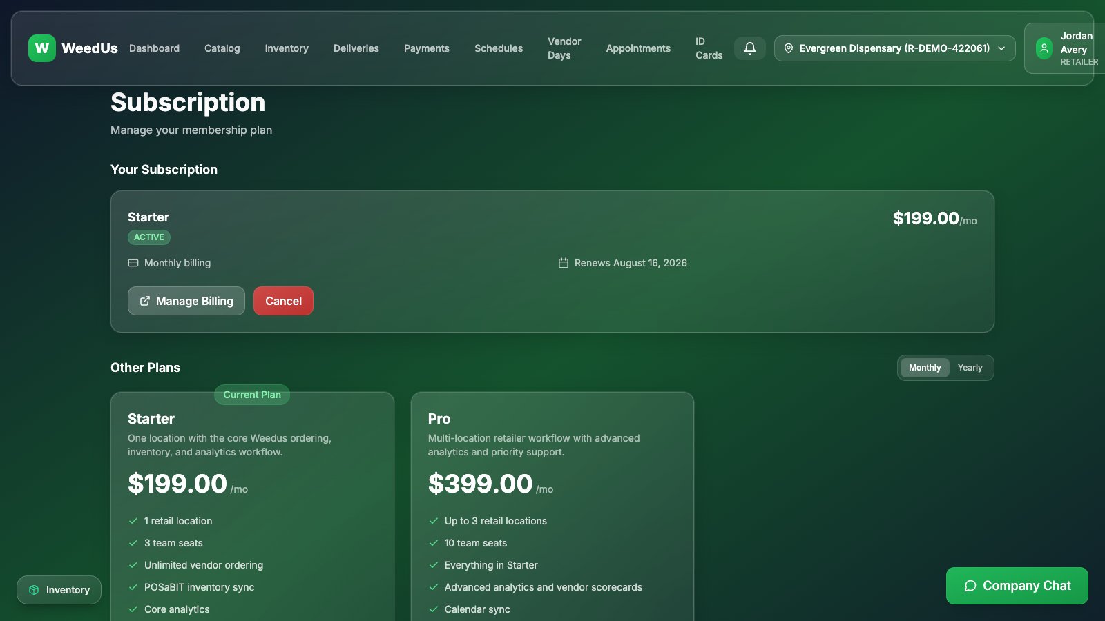 Subscription page with active plan and plan options