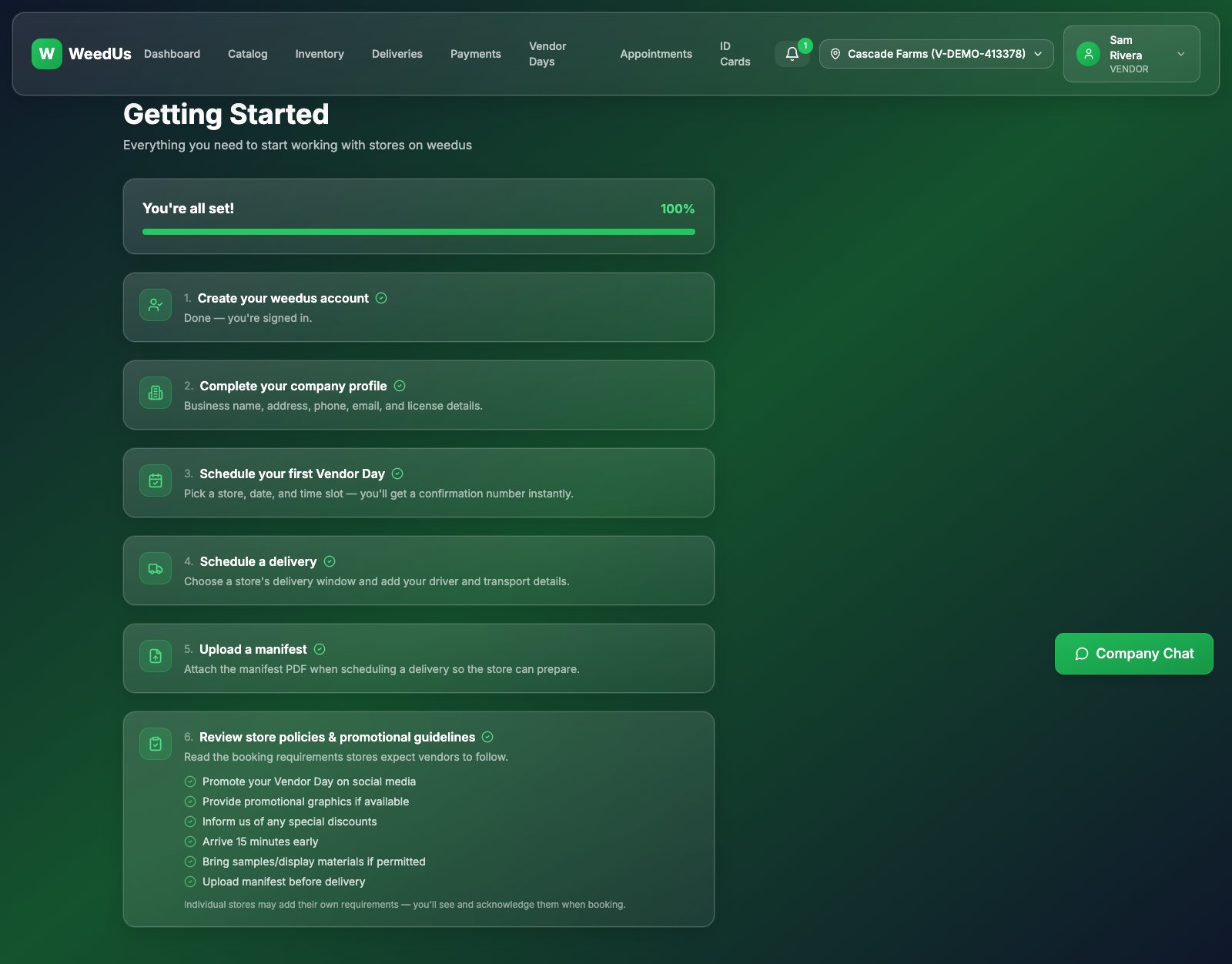 Vendor Getting Started checklist page