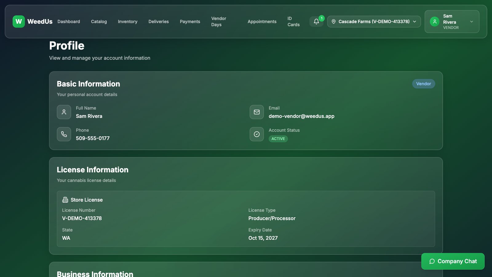 Vendor profile page